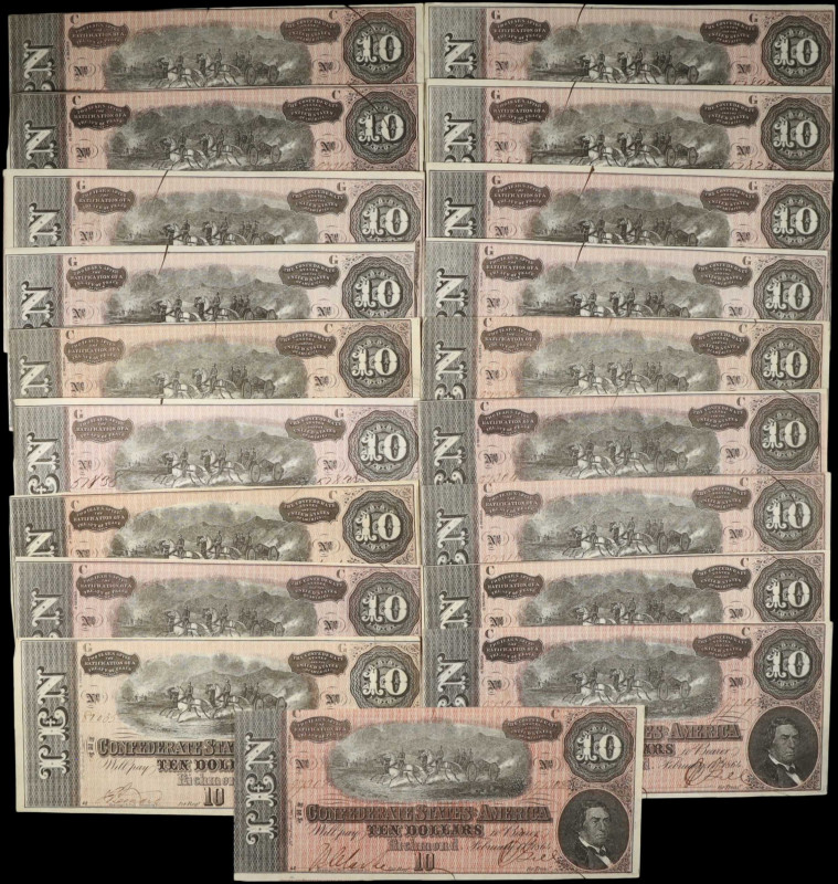 Lot of (19) T-68. Confederate Currency. 1864 $10. About Uncirculated to Choice U...