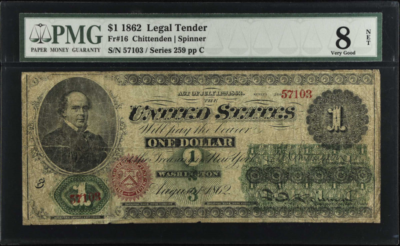 Fr. 16. 1862 $1 Legal Tender Note. PMG Very Good 8 Net. Tear.
Series 259. PMG c...