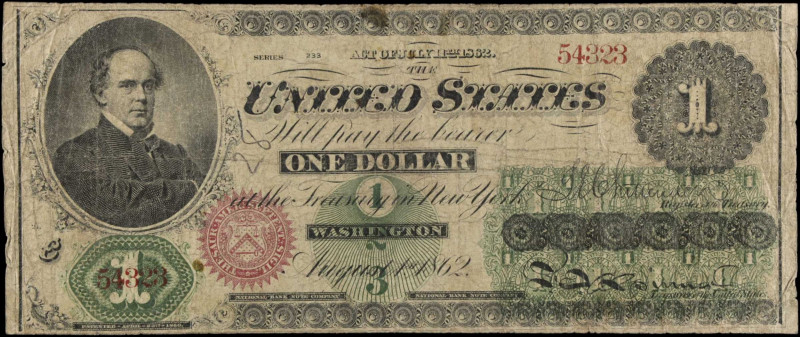 Fr. 16. 1862 $1 Legal Tender Note. Fine.
Series 233. Pinholes, staining.
 Esti...