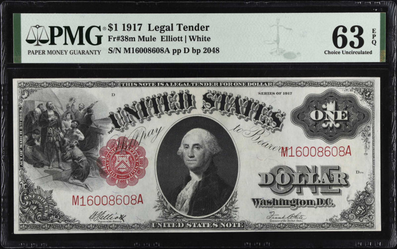 Fr. 38m. 1917 $1 Legal Tender Mule Note. PMG Choice Uncirculated 63 EPQ.
Back p...