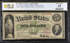 Fr. 61c. 1862 $5 Legal Tender Note. PCGS Banknote Choice Fine 15.
Series 79. ABNC imprint. Type 2 seal. PCGS Banknote comments "Minor Edge Splits, Sm...