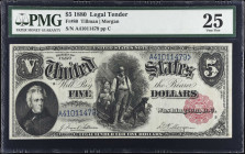 Fr. 80. 1880 $5 Legal Tender Note. PMG Very Fine 25.
Tillman-Morgan signature combination with small red scalloped seal and blue serial numbers.
 Es...