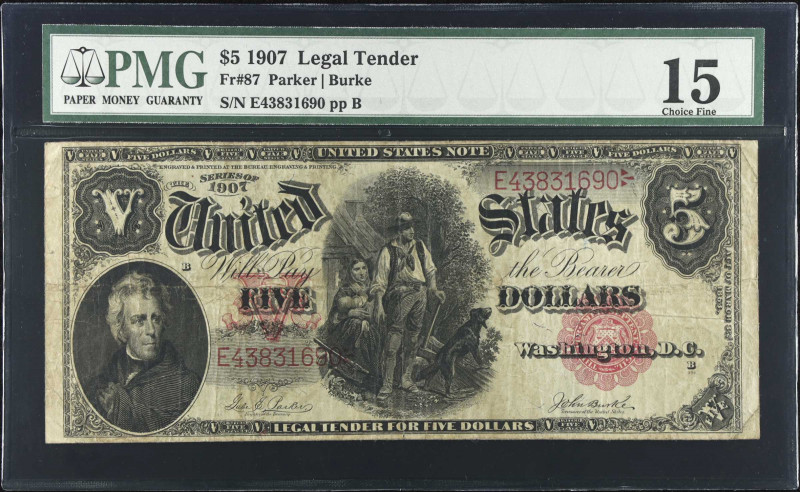 Fr. 87. 1907 $5 Legal Tender Note. PMG Choice Fine 15.
A Choice Fine example of...