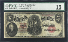 Fr. 87. 1907 $5 Legal Tender Note. PMG Choice Fine 15.
A Choice Fine example of this popular type.
 Estimate: $150.00- $200.00