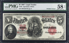 Fr. 91. 1907 $5 Legal Tender Note. PMG Choice About Uncirculated 58 EPQ.
PCBLIC error. Original paper is denoted on this Choice About Unc Woodchopper...
