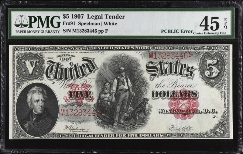 Fr. 91. 1907 $5 Legal Tender Note. PMG Choice Extremely Fine 45 EPQ.
PCBLIC err...