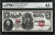 Fr. 91. 1907 $5 Legal Tender Note. PMG Choice Extremely Fine 45 EPQ.
PCBLIC error. A bright mid-grade offering of this popular type, with original pa...