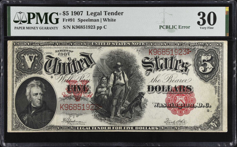 Fr. 91. 1907 $5 Legal Tender Note. PMG Very Fine 30.
PCBLIC error.
 Estimate: ...