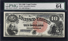 Fr. 107. 1880 $10 Legal Tender Note. PMG Choice Uncirculated 64.
PMG comments "Great Embossing" on this highly attractive Jackass Ten. This note feat...