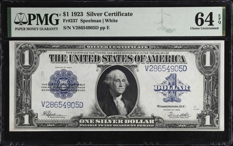 Fr. 237. 1923 $1 Silver Certificate. PMG Choice Uncirculated 64 EPQ.
Nearly Gem...