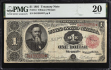 Fr. 351. 1891 $1 Treasury Note. PMG Very Fine 20.
A popular Treasury Note from the Open Back series of 1891.
 Estimate: $300.00- $400.00