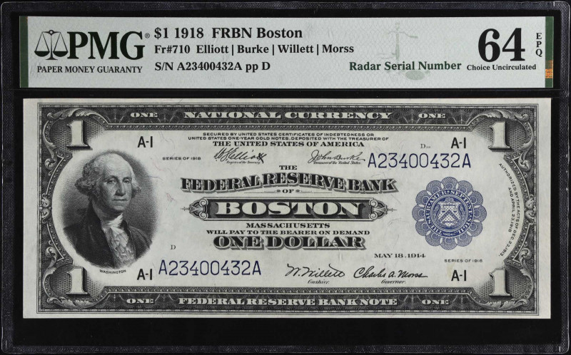 Fr. 710. 1918 $1 Federal Reserve Bank Note. Boston. PMG Choice Uncirculated 64 E...
