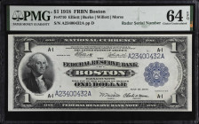 Fr. 710. 1918 $1 Federal Reserve Bank Note. Boston. PMG Choice Uncirculated 64 EPQ. Radar Serial Number.
Here is a bright near-Gem Green Eagle Ace, w...