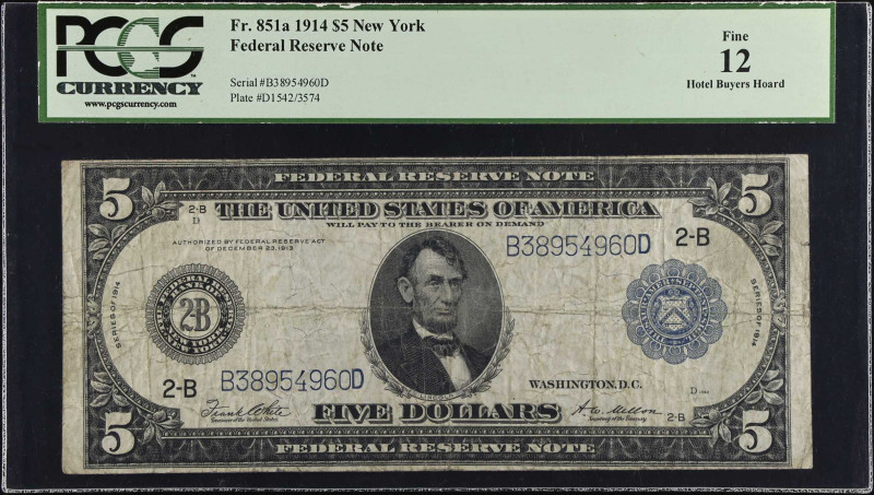 Fr. 851a. 1914 $5 Federal Reserve Note. New York. PCGS Currency Fine 12.
A nice...