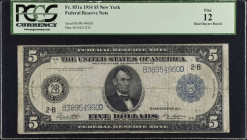 Fr. 851a. 1914 $5 Federal Reserve Note. New York. PCGS Currency Fine 12.
A nice circulated example of this popular type.
 Estimate: $60.00- $80.00