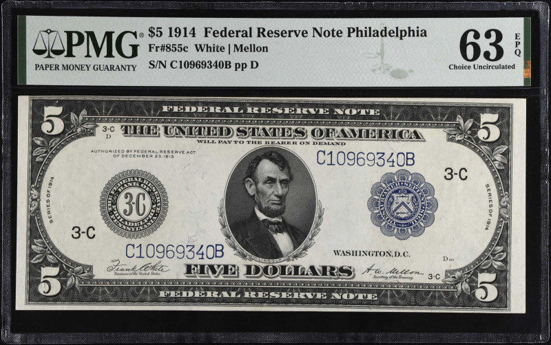 Fr. 855c. 1914 $5 Federal Reserve Note. Philadelphia. PMG Choice Uncirculated 63...