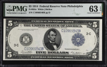 Fr. 855c. 1914 $5 Federal Reserve Note. Philadelphia. PMG Choice Uncirculated 63 EPQ.
A high end example of this "c" variety $5, which offers fully o...