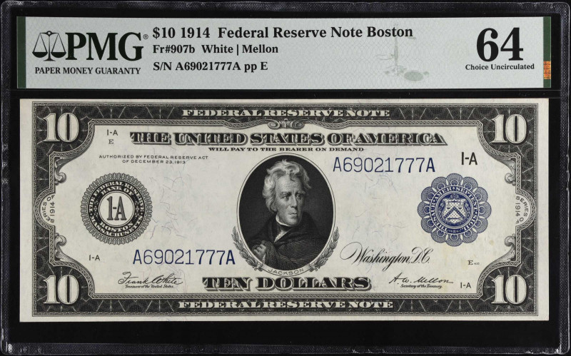 Fr. 907b. 1914 $10 Federal Reserve Note. Boston. PMG Choice Uncirculated 64.
An...