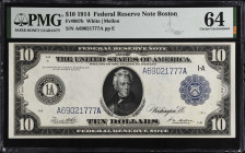 Fr. 907b. 1914 $10 Federal Reserve Note. Boston. PMG Choice Uncirculated 64.
An often difficult to obtain variety for this catalog number, offered he...