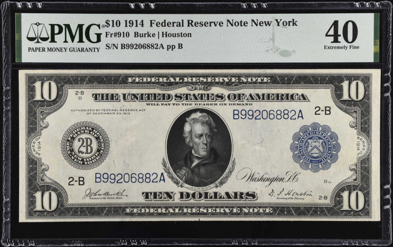 Fr. 910. 1914 $10 Federal Reserve Note. New York. PMG Extremely Fine 40.
A mid-...