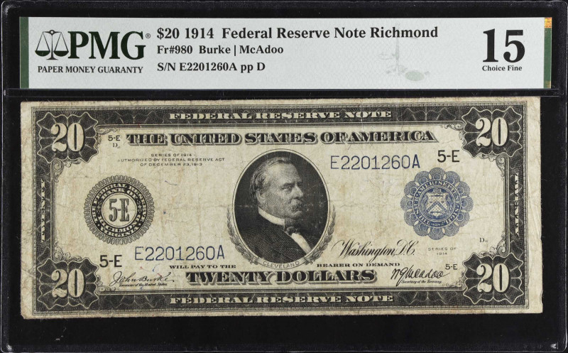 Fr. 980. 1914 $20 Federal Reserve Note. Richmond. PMG Choice Fine 15.
Burke - M...