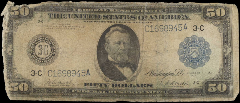 Fr. 1034. 1914 $50 Federal Reserve Note. Philadelphia. Good.
Typical damage for...