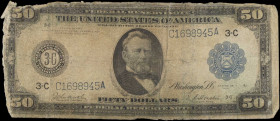 Fr. 1034. 1914 $50 Federal Reserve Note. Philadelphia. Good.
Typical damage for the assigned condition. A tougher catalog number to acquire.
 Estima...