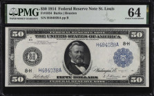 Fr. 1054. 1914 $50 Federal Reserve Note. St. Louis. PMG Choice Uncirculated 64.
A type which is seldom offered at this grade level. The paper is brig...