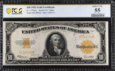 Fr. 1173am. 1922 $10 Gold Certificate Mule Note. PCGS Banknote About Uncirculated 55.
A scarcer small serial number variety $10 Gold Certificate. Thi...