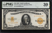 Fr. 1173. 1922 $10 Gold Certificate. PMG Very Fine 30.
Large serial number variety.
 Estimate: $300.00- $400.00