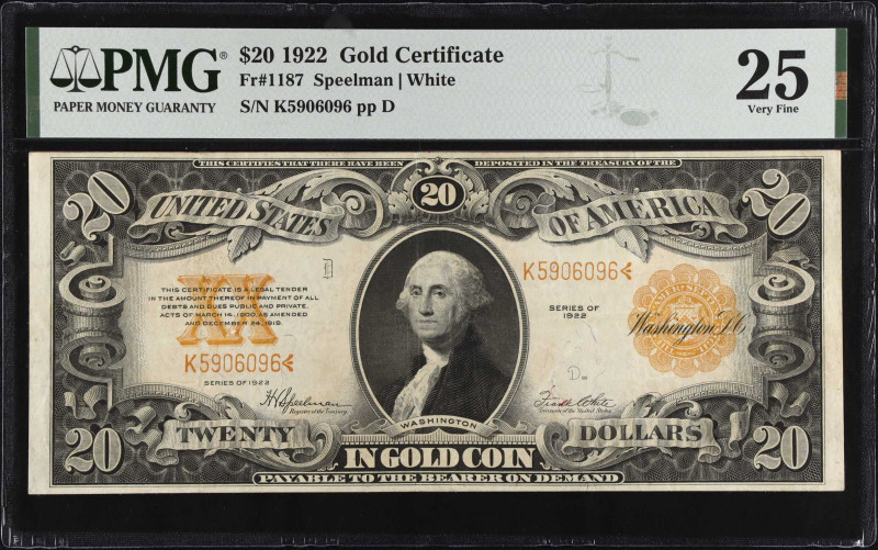 Fr. 1187. 1922 $20 Gold Certificate. PMG Very Fine 25.
A popular type, which wa...