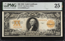 Fr. 1187. 1922 $20 Gold Certificate. PMG Very Fine 25.
A popular type, which was once redeemable in gold.
 Estimate: $300.00- $400.00