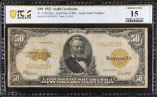 Fr. 1200. 1922 $50 Gold Certificate. PCGS Banknote Choice Fine 15 Details. Edge Split. Minor Edge Tears, Writing in Ink.
Large serial number variety....