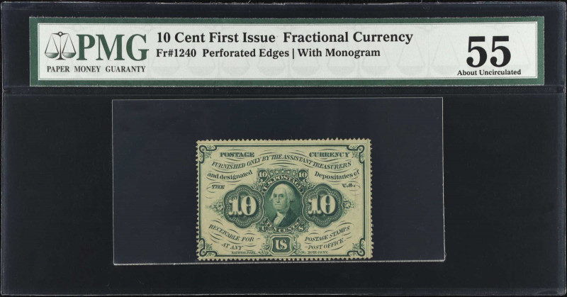 Fr. 1240. 10 Cent. First Issue. PMG About Uncirculated 55.
PMG comments "Adhesi...