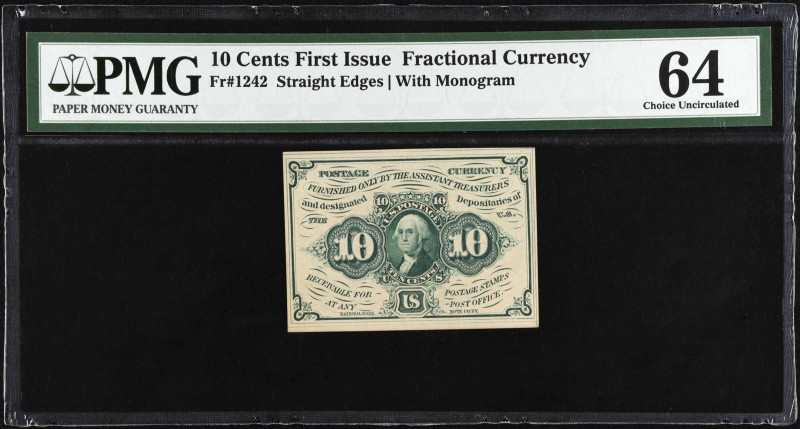 Fr. 1242. 10 Cents. First Issue. PMG Choice Uncirculated 64.
Straight edges. Wi...