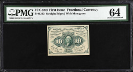 Fr. 1242. 10 Cents. First Issue. PMG Choice Uncirculated 64.
Straight edges. With monogram.
 Estimate: $100.00- $150.00