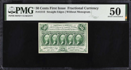 Fr. 1313. 50 Cents. First Issue. PMG About Uncirculated 50.
Attractive centering for the type.
 Estimate: $200.00- $300.00
