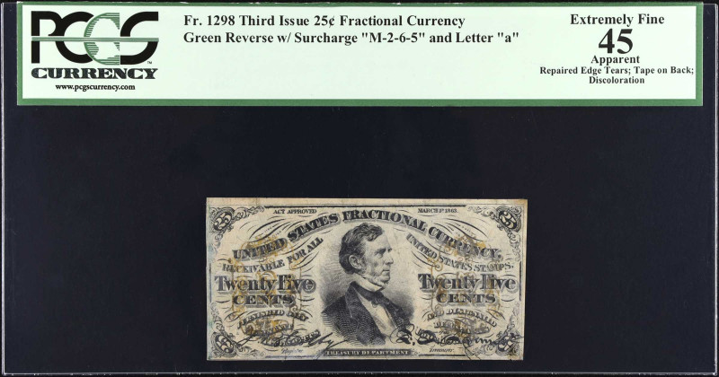 Fr. 1298. 25 Cents. Third Issue. PCGS Currency Extremely Fine 45 Apparent. Repai...