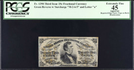 Fr. 1298. 25 Cents. Third Issue. PCGS Currency Extremely Fine 45 Apparent. Repaired Edge Tears; Tape on Back; Discoloration.
Green reverse with surch...
