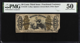 Fr. 1370. 50 Cents. Third Issue. PMG About Uncirculated 50.
Green back. Fiber paper. PMG comments "Corner Missing".
 Estimate: $100.00- $150.00