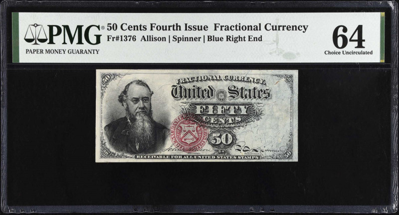 Fr. 1376. 50 Cents. Fourth Issue. PMG Choice Uncirculated 64.
Blue right end. P...