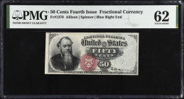 Fr. 1376. 50 Cents. Fourth Issue. PMG Uncirculated 62.
Blue right end. PMG comments "Previously Mounted".
 Estimate: $100.00- $150.00
