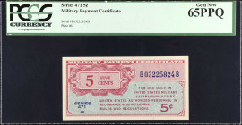 Military Payment Certificate. Series 471. 5 Cents. PCGS Currency Gem New 65 PPQ.
 Estimate: $50.00- $100.00