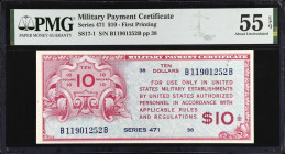 Military Payment Certificate. Series 471. $10. PMG About Uncirculated 55 EPQ.
First printing.
 Estimate: $150.00- $200.00