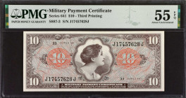 Military Payment Certificate. Series 641. $10. PMG About Uncirculated 55 EPQ.
Third printing.
 Estimate: $150.00- $250.00