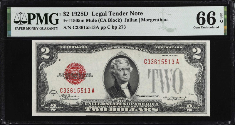 Fr. 1505m. 1928D $2 Legal Tender Mule Note. PMG Gem Uncirculated 66 EPQ.
Wide m...