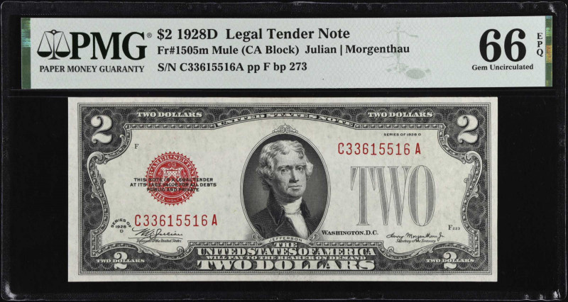 Fr. 1505m. 1928D $2 Legal Tender Mule Note. PMG Gem Uncirculated 66 EPQ.
This i...