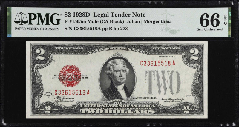 Fr. 1505m. 1928D $2 Legal Tender Mule Note. PMG Gem Uncirculated 66 EPQ.
This i...