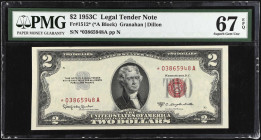 Fr. 1512*. 1953C $2 Legal Tender Star Note. PMG Superb Gem Uncirculated 67 EPQ.
Bright paper and wide margins are found on this replacement.
 Estima...