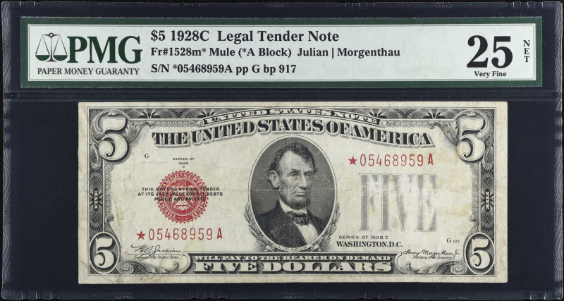 Fr. 1528m*. 1928C $5 Legal Tender Mule Star Note. PMG Very Fine 25 Net. Foreign ...